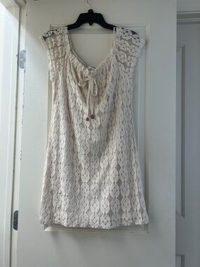 Paper Doll Cream Lace Mini Dress | Sheer Overlay Tie Neck Feminine Boho Size